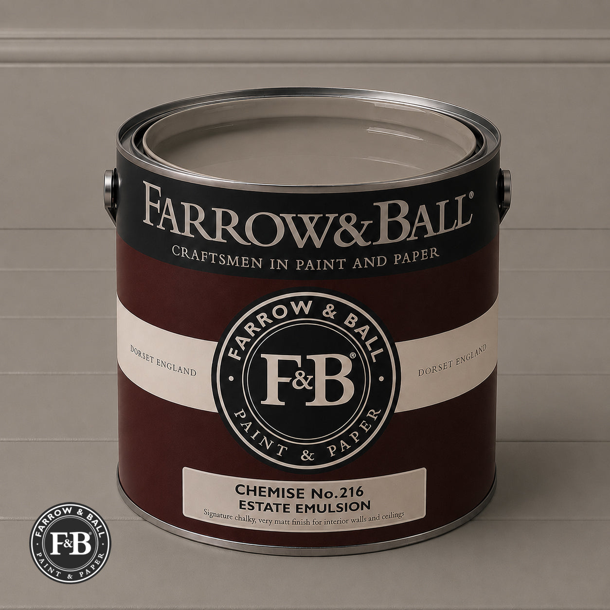 Farrow & Ball Chemise No.216 Estate Emulsion paint colour sample and paint tin