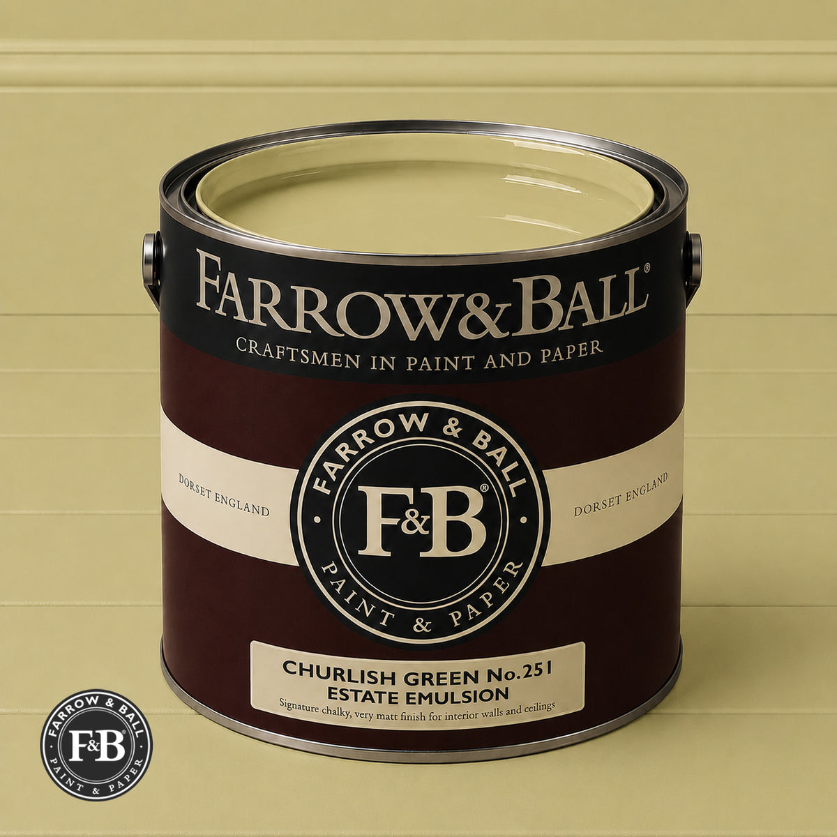 Farrow & Ball Churlish Green No.251 paint colour in open paint tin