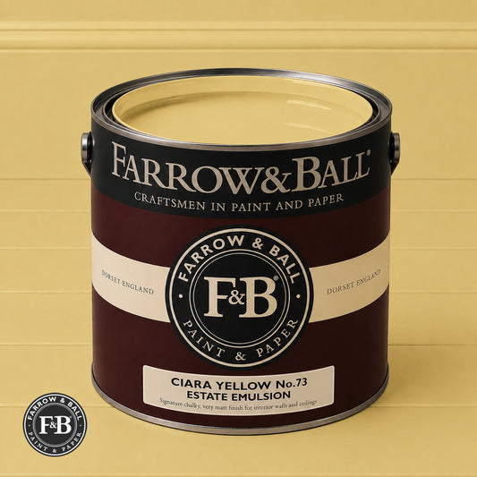 Farrow & Ball Ciara Yellow No.73 Estate Emulsion paint colour sample and paint tin