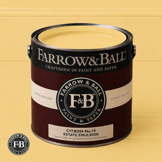 Farrow & Ball Sherbert Lemon No.9814 Estate Emulsion paint colour sample and paint tin