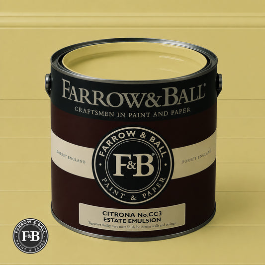 Farrow & Ball Citrona No.CC3 Estate Emulsion paint colour sample and paint tin
