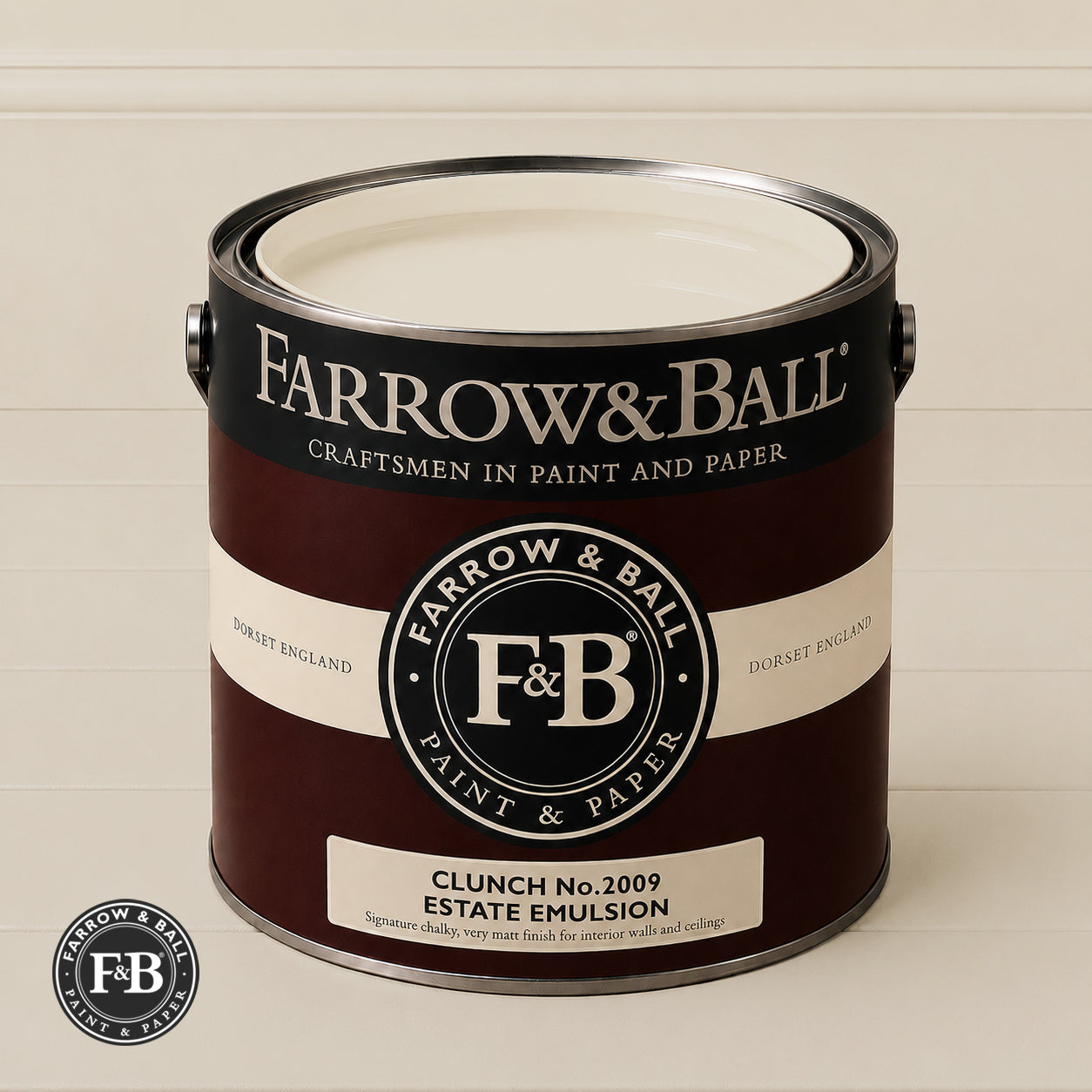 Farrow & Ball Clunch No.2009 Estate Emulsion paint colour sample and paint tin
