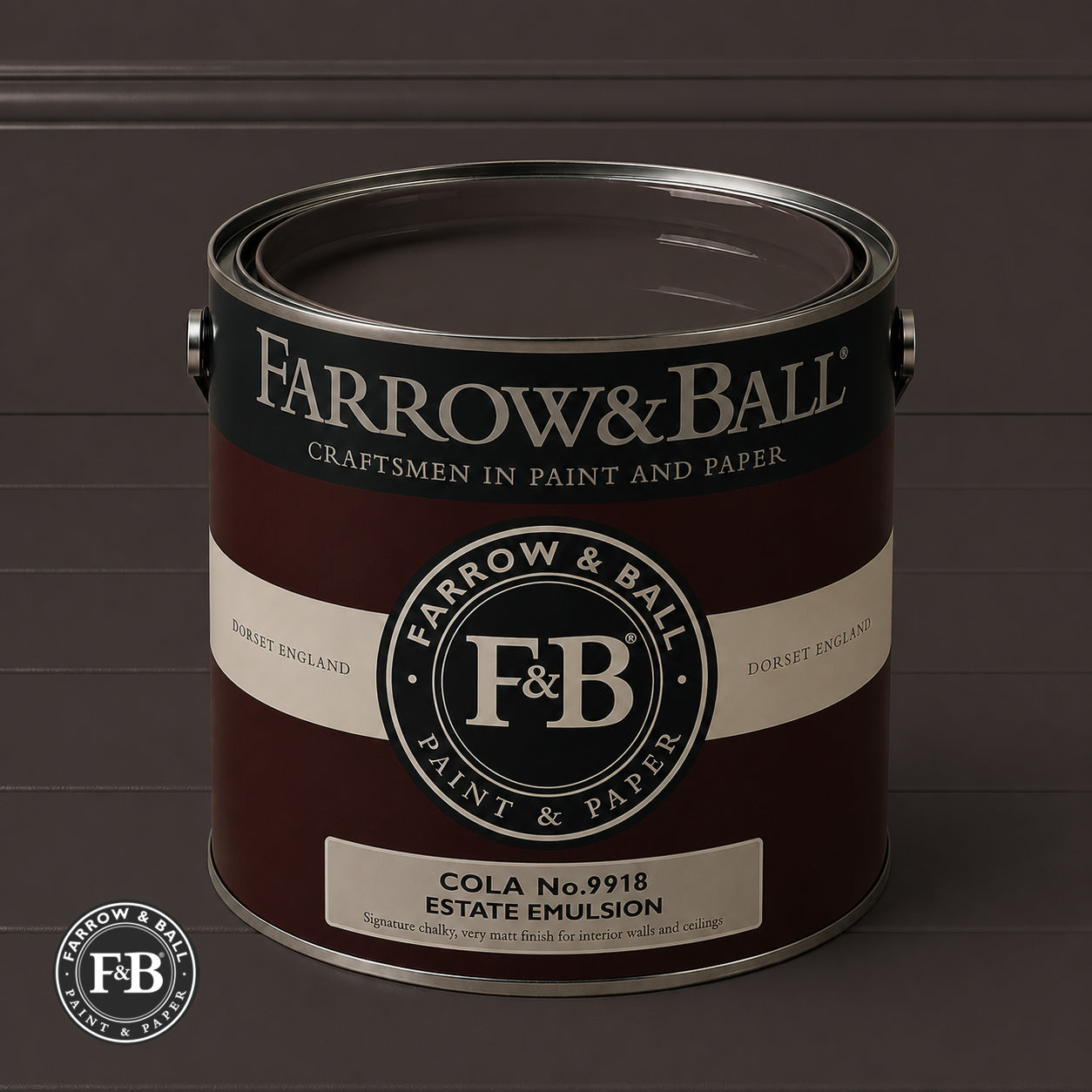 Farrow & Ball Cola No.9918 Estate Emulsion paint colour sample and paint tin