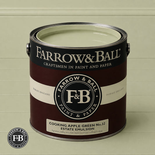 Farrow & Ball Cooking Apple Green No.32 paint colour in open paint tin