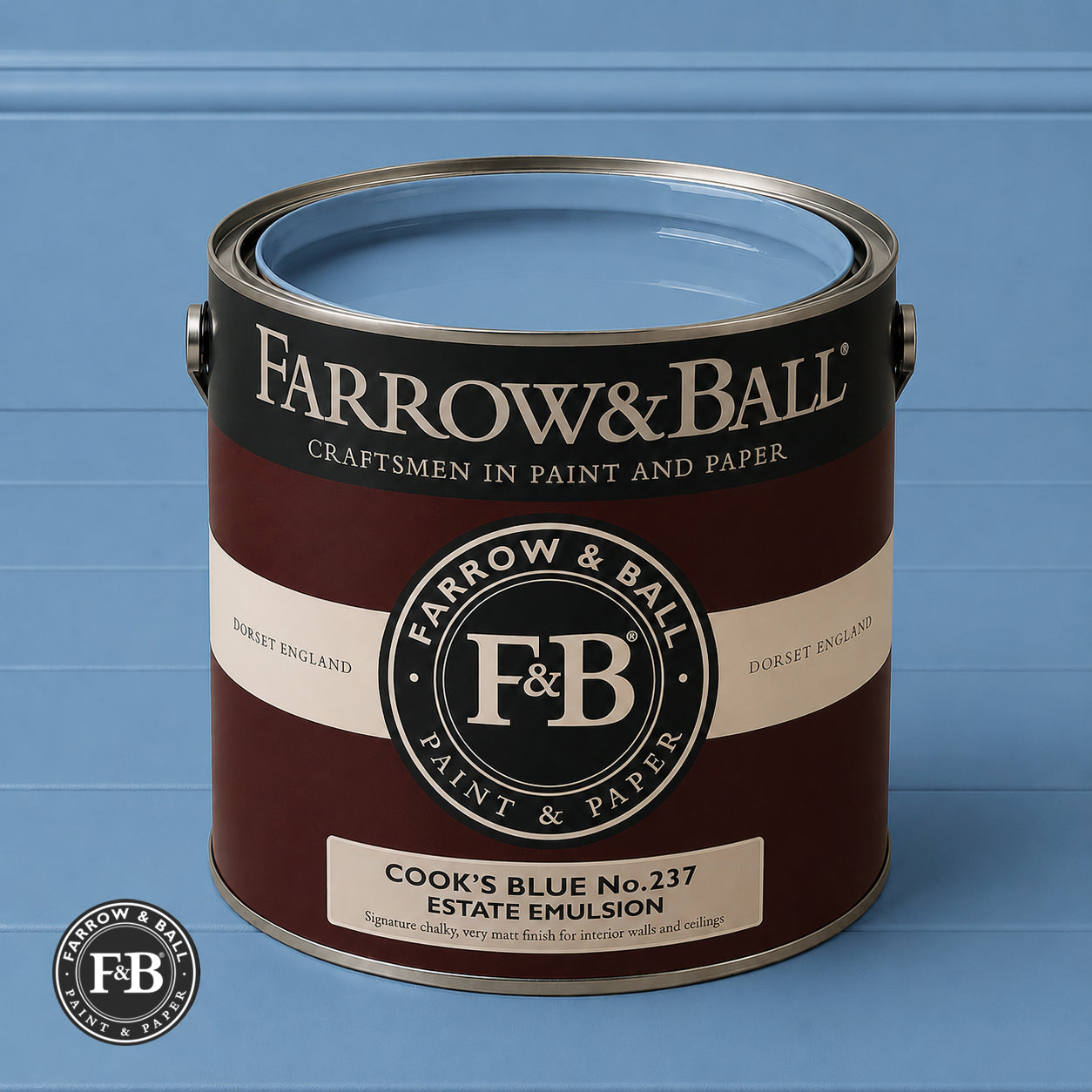 Farrow & Ball Cook's Blue No.237 paint colour in open paint tin