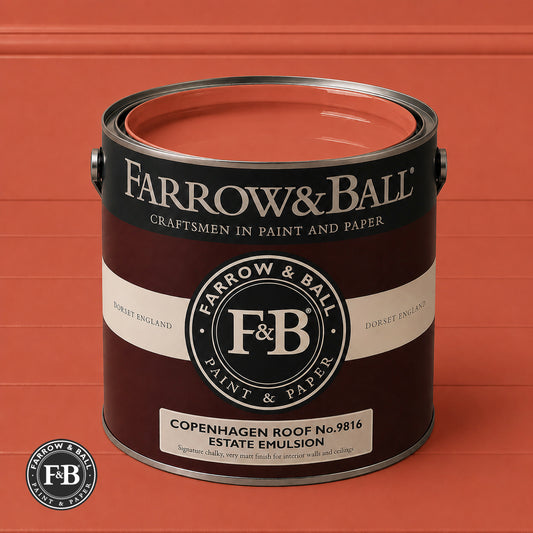Farrow & Ball Copenhagen Roof No.9816 Estate Emulsion paint colour sample and paint tin

