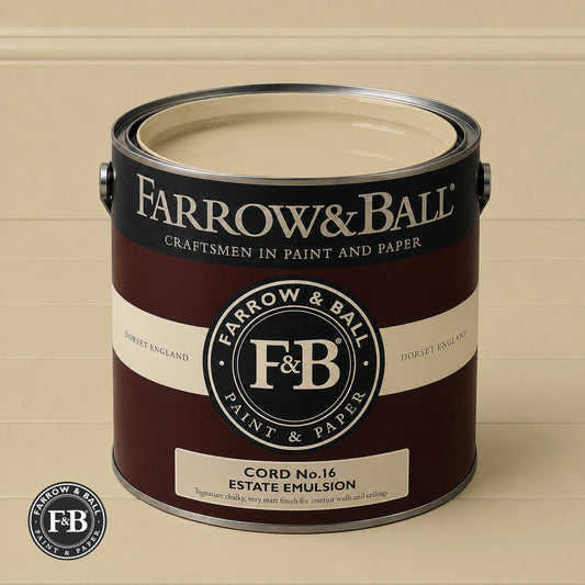 Farrow & Ball Cord No.16 paint colour in open paint tin