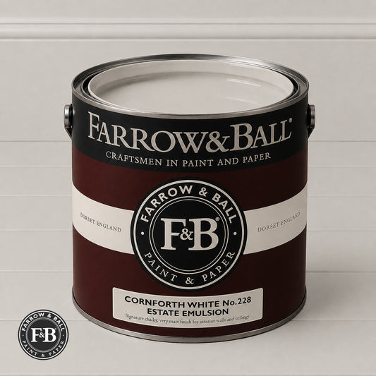 Farrow & Ball Cornforth White No.228 paint colour in open paint tin