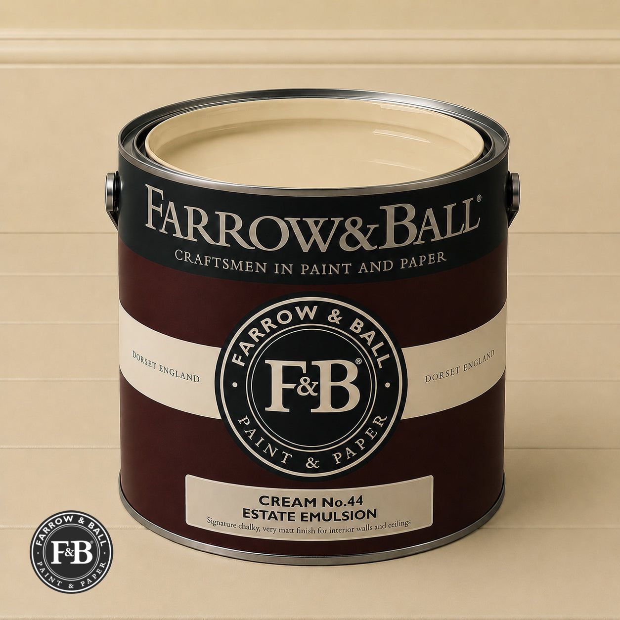 Farrow & Ball Cream No.44 Estate Emulsion paint colour sample and paint tin
