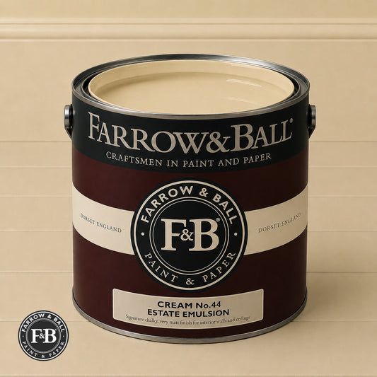 Farrow & Ball Cream No.44 Estate Emulsion paint colour sample and paint tin

