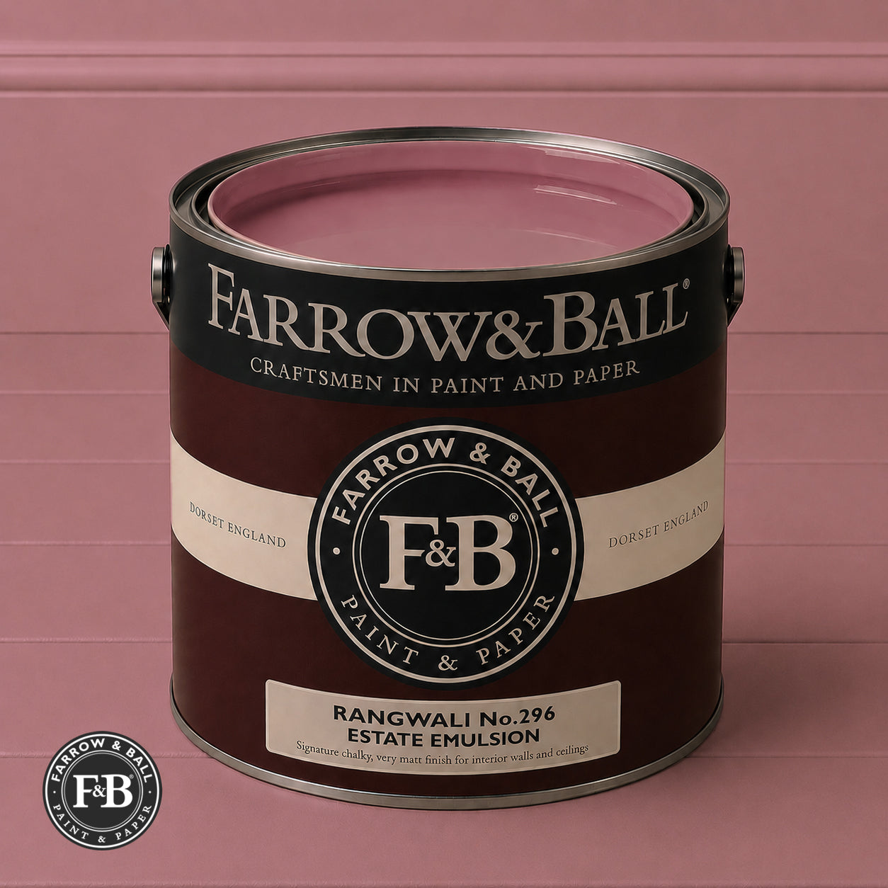 Farrow & Ball Crimson Red No.W93 Estate Emulsion paint colour sample and paint tin
