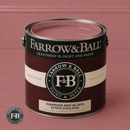 Farrow & Ball Crimson Red No.W93 Estate Emulsion paint colour sample and paint tin