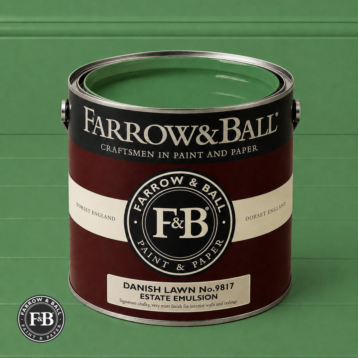 Farrow & Ball Danish Lawn No.9817 Estate Emulsion paint colour sample and paint tin
