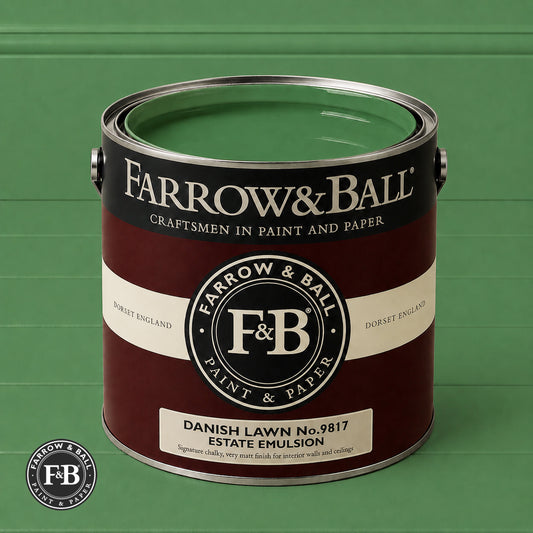 Farrow & Ball Danish Lawn No.9817 Estate Emulsion paint colour sample and paint tin
