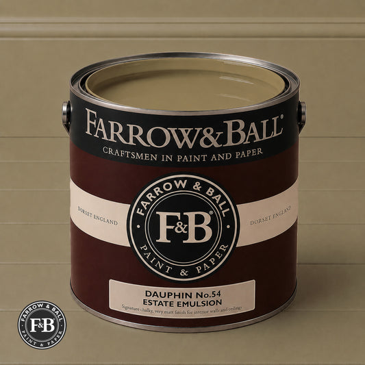 Farrow & Ball Dauphin No.54 Estate Emulsion paint colour sample and paint tin
