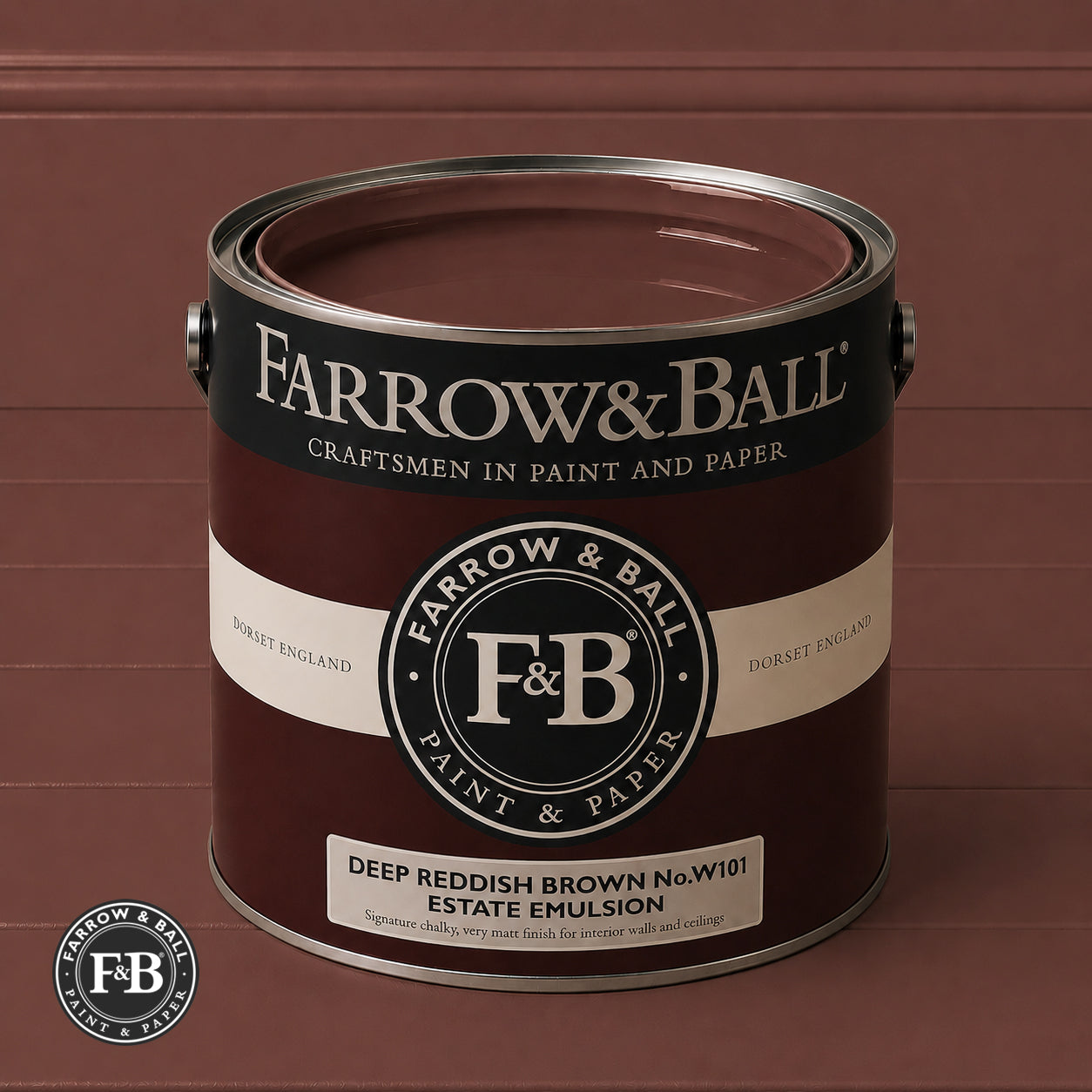 Farrow & Ball Deep Reddish Brown No.W101 Estate Emulsion paint colour sample and paint tin
