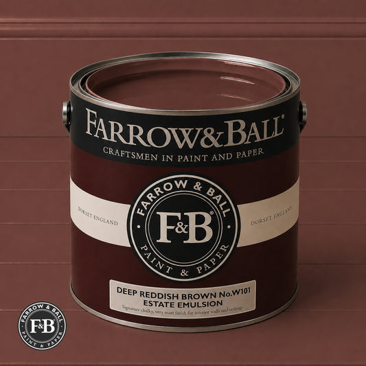 Farrow & Ball Deep Reddish Brown No.W101 Estate Emulsion paint colour sample and paint tin
