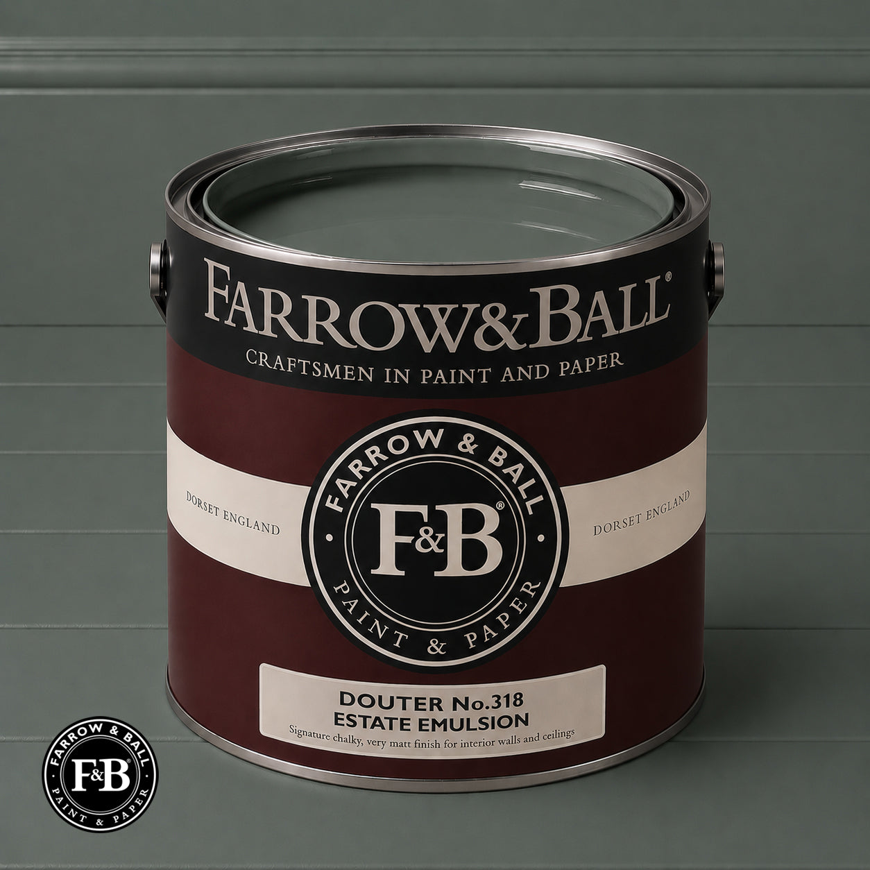 Farrow & Ball Douter No.318 Estate Emulsion paint colour sample and paint tin