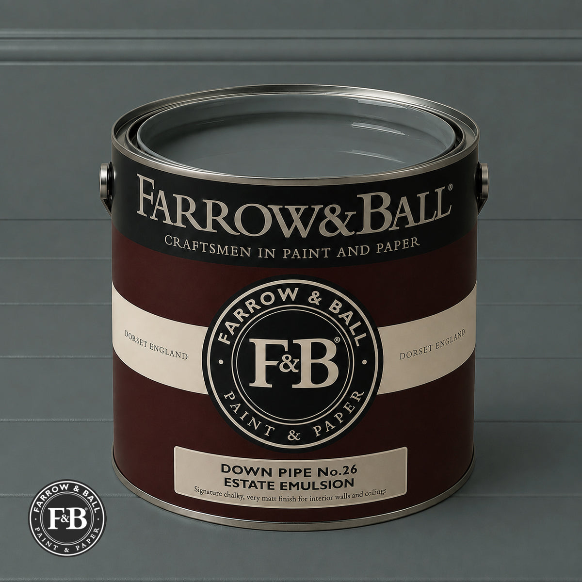 Farrow & Ball Down Pipe No.26 paint colour in open paint tin
