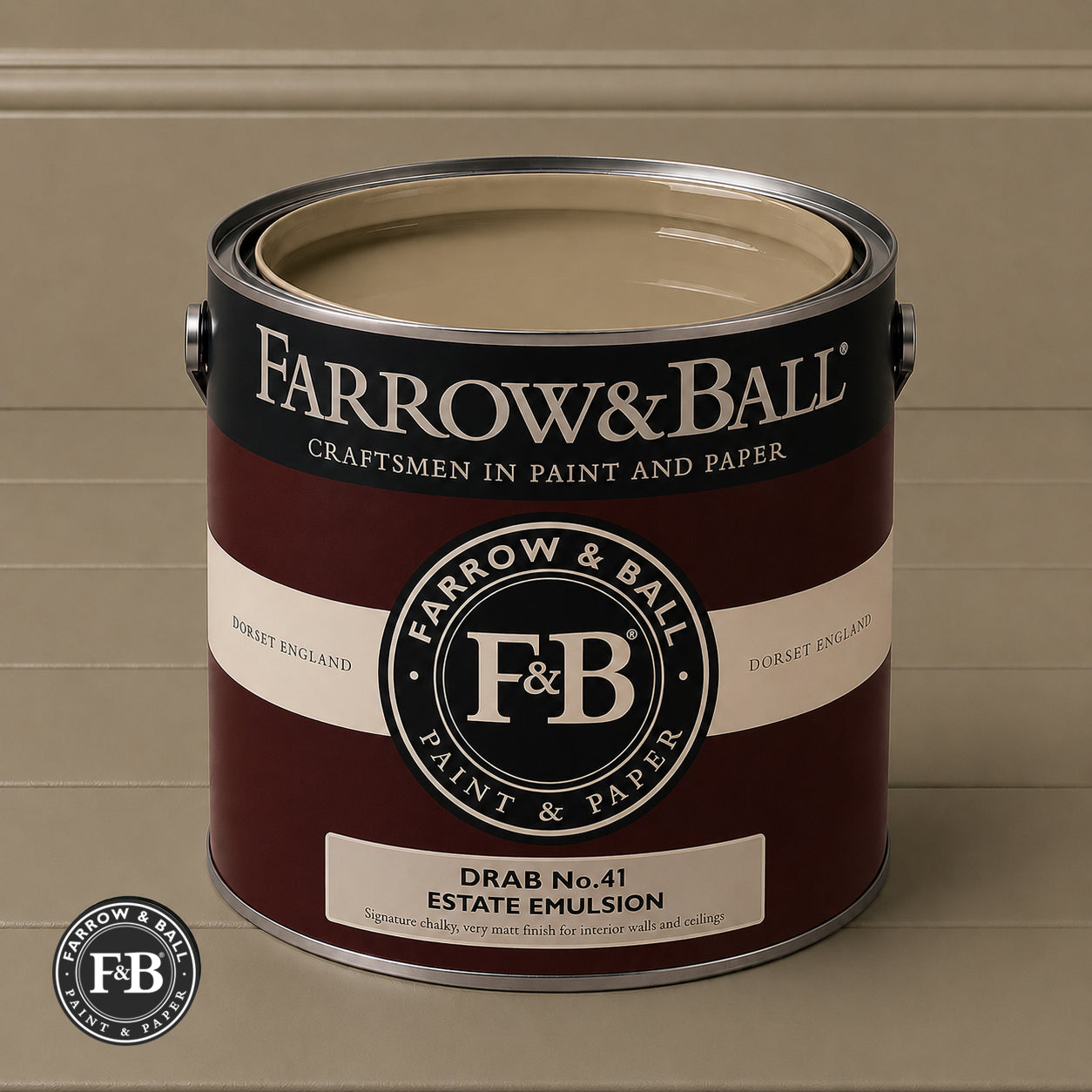 Farrow & Ball Drab No.41 Estate Emulsion paint colour sample and paint tin
