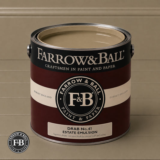 Farrow & Ball Drab No.41 Estate Emulsion paint colour sample and paint tin
