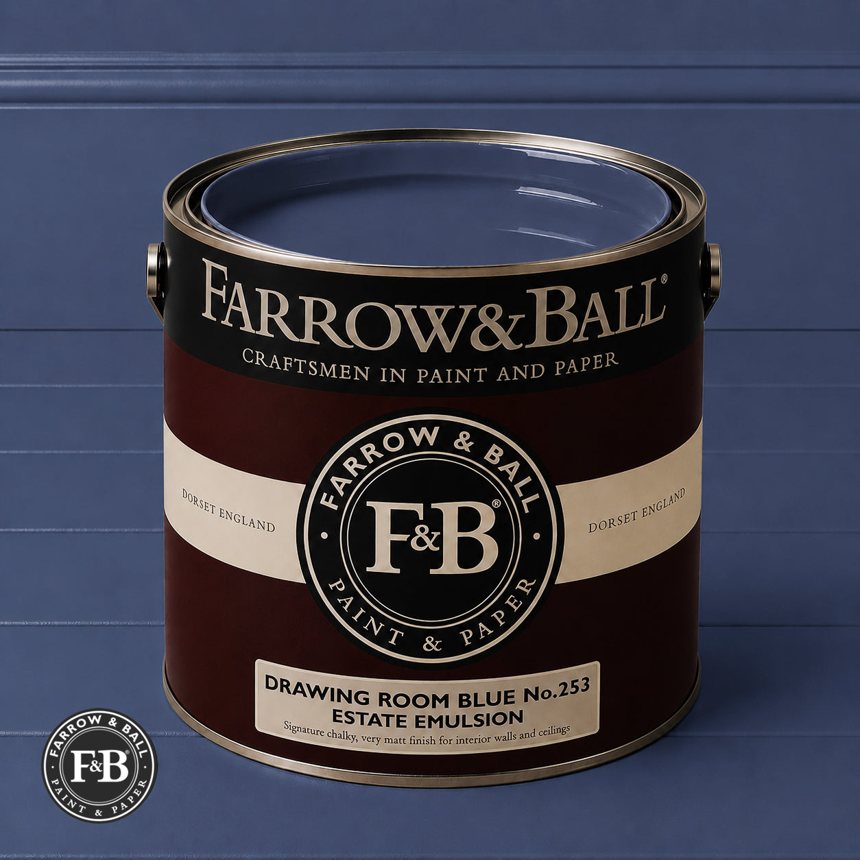 Farrow & Ball Drawing Room Blue No.253 Estate Emulsion paint colour sample and paint tin
