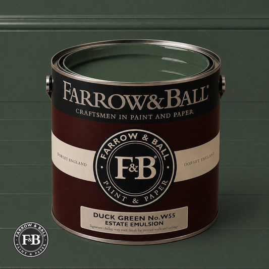 Farrow & Ball Duck Green No.W55 Estate Emulsion paint colour sample and paint tin