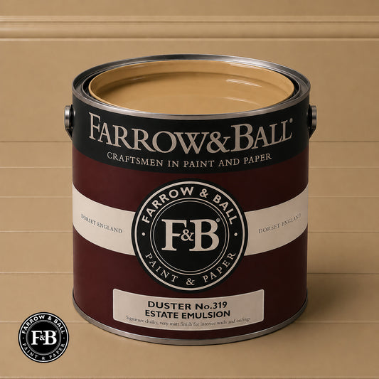 Farrow & Ball Duster No.319 Estate Emulsion paint colour sample and paint tin
