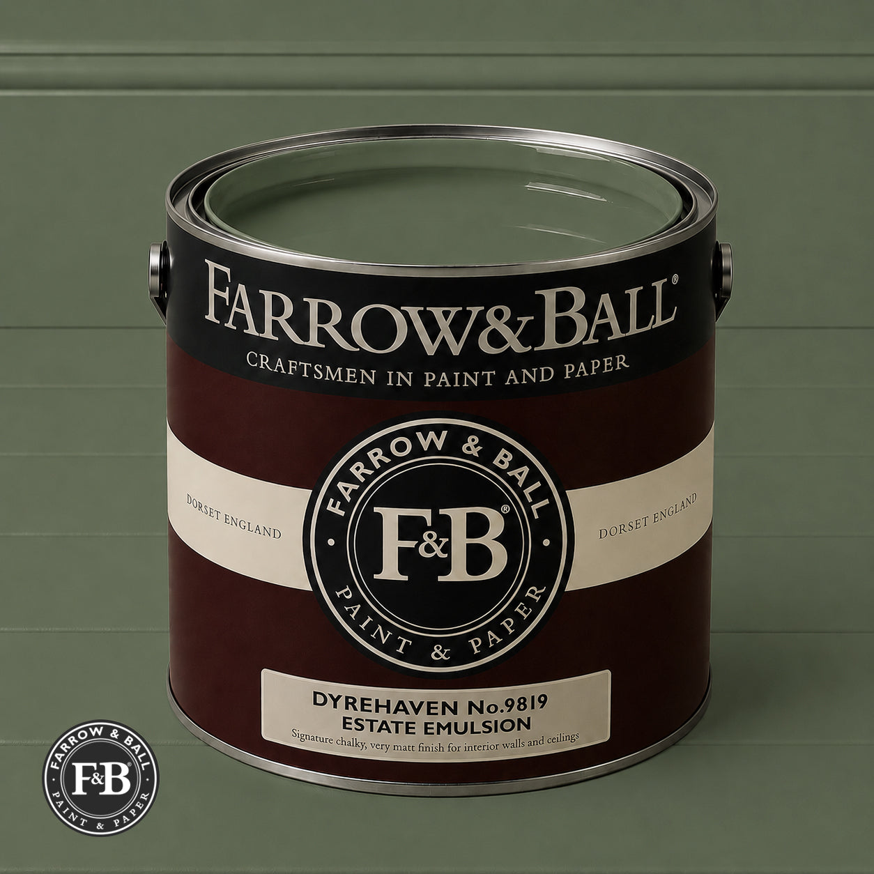 Farrow & Ball Dyrehaven No.9819 Estate Emulsion paint colour sample and paint tin

