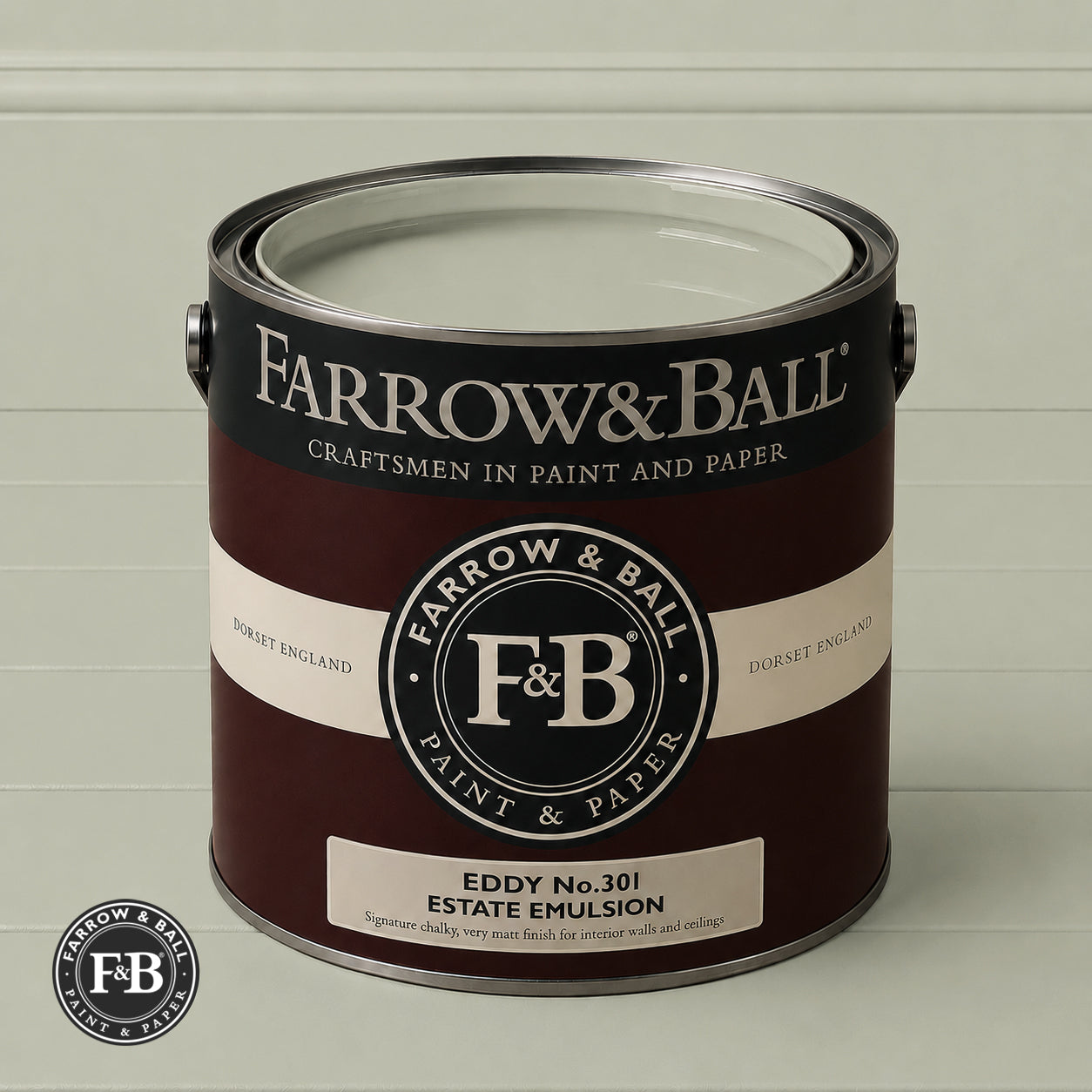 Farrow & Ball Eddy No.301 paint colour in open paint tin