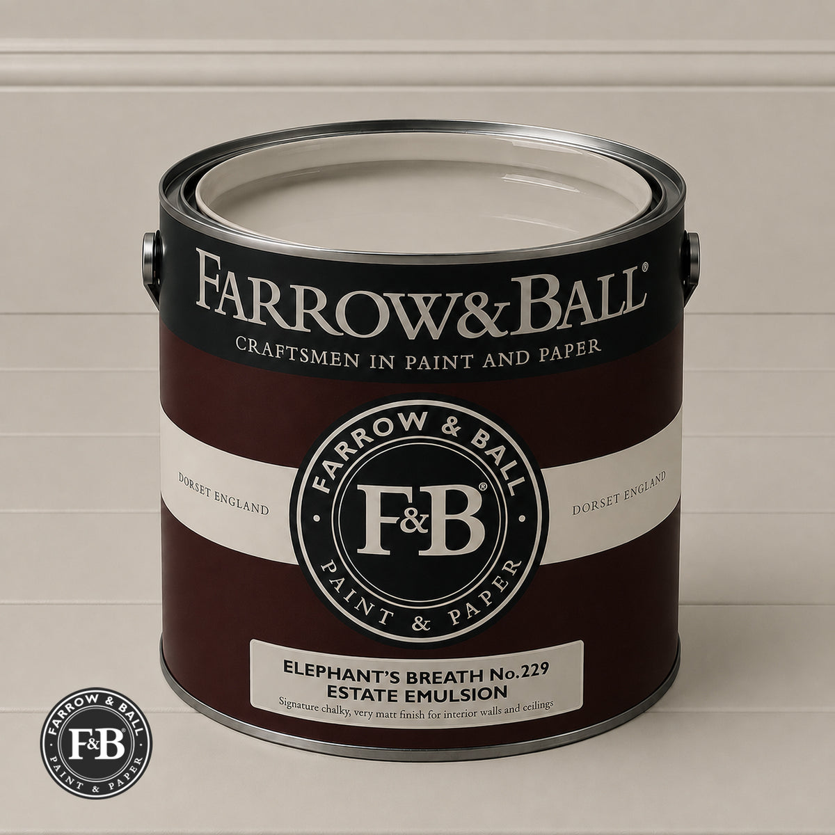Farrow & Ball Elephant's Breath No.229 paint colour in open paint tin