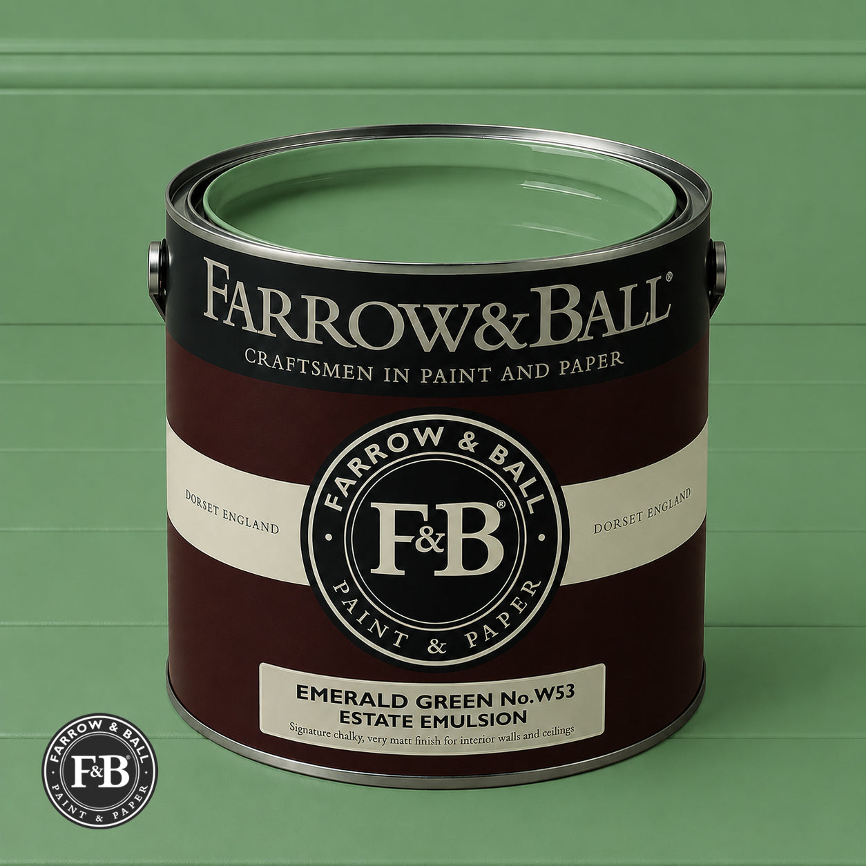 Farrow & Ball Emerald Green No.W53 Estate Emulsion paint colour sample and paint tin
