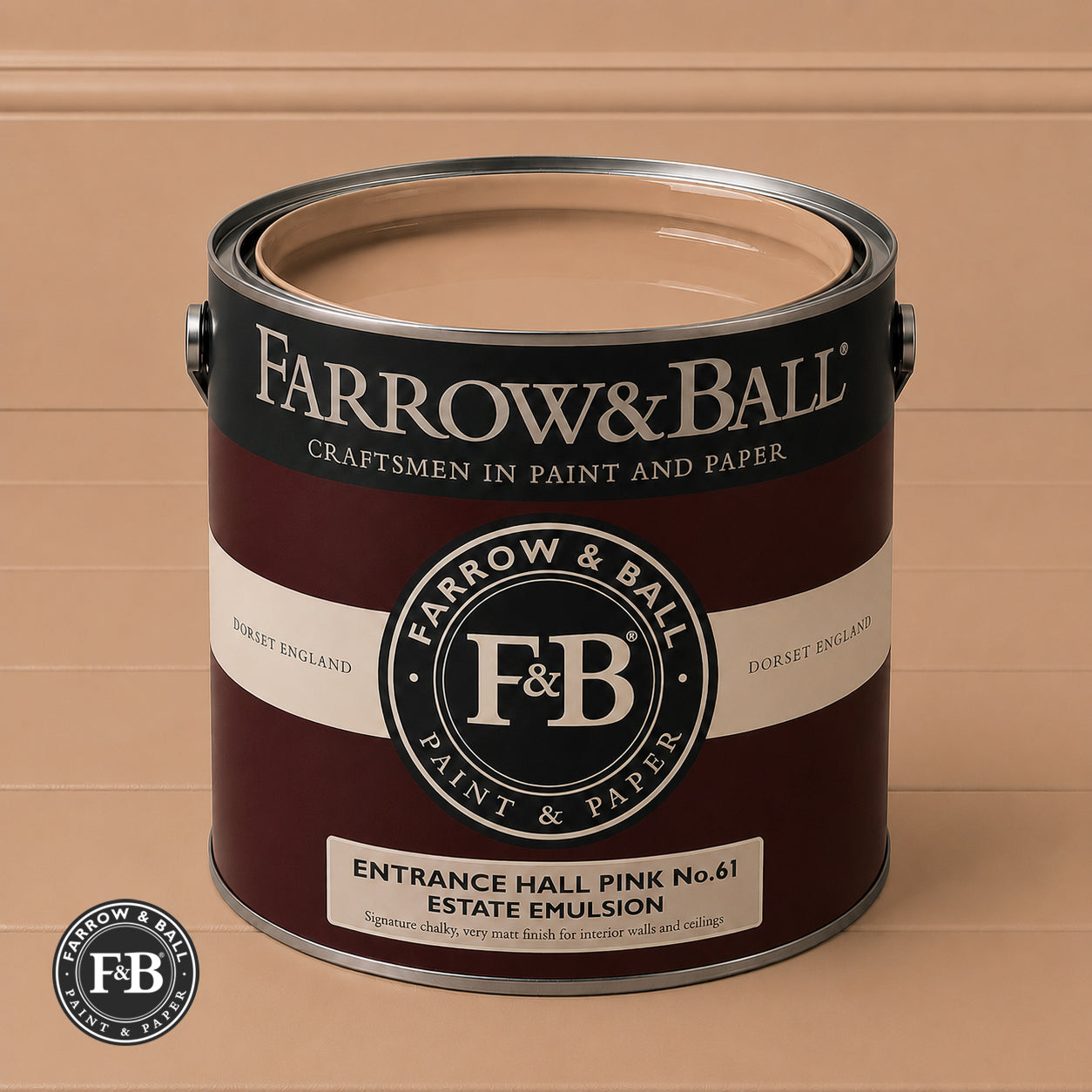 Farrow & Ball Entrance Hall Pink No.61 Estate Emulsion paint colour sample and paint tin
