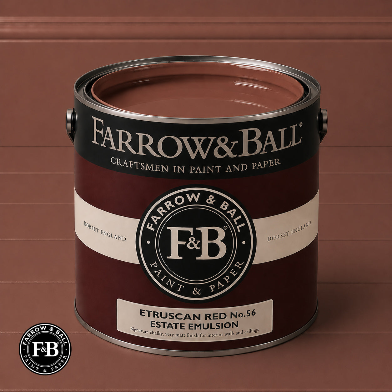 Farrow & Ball Etruscan Red No.56 Estate Emulsion paint colour sample and paint tin