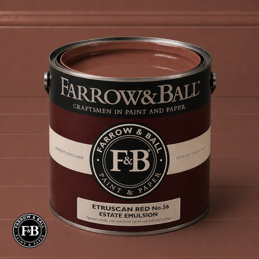 Farrow & Ball Etruscan Red No.56 Estate Emulsion paint colour sample and paint tin