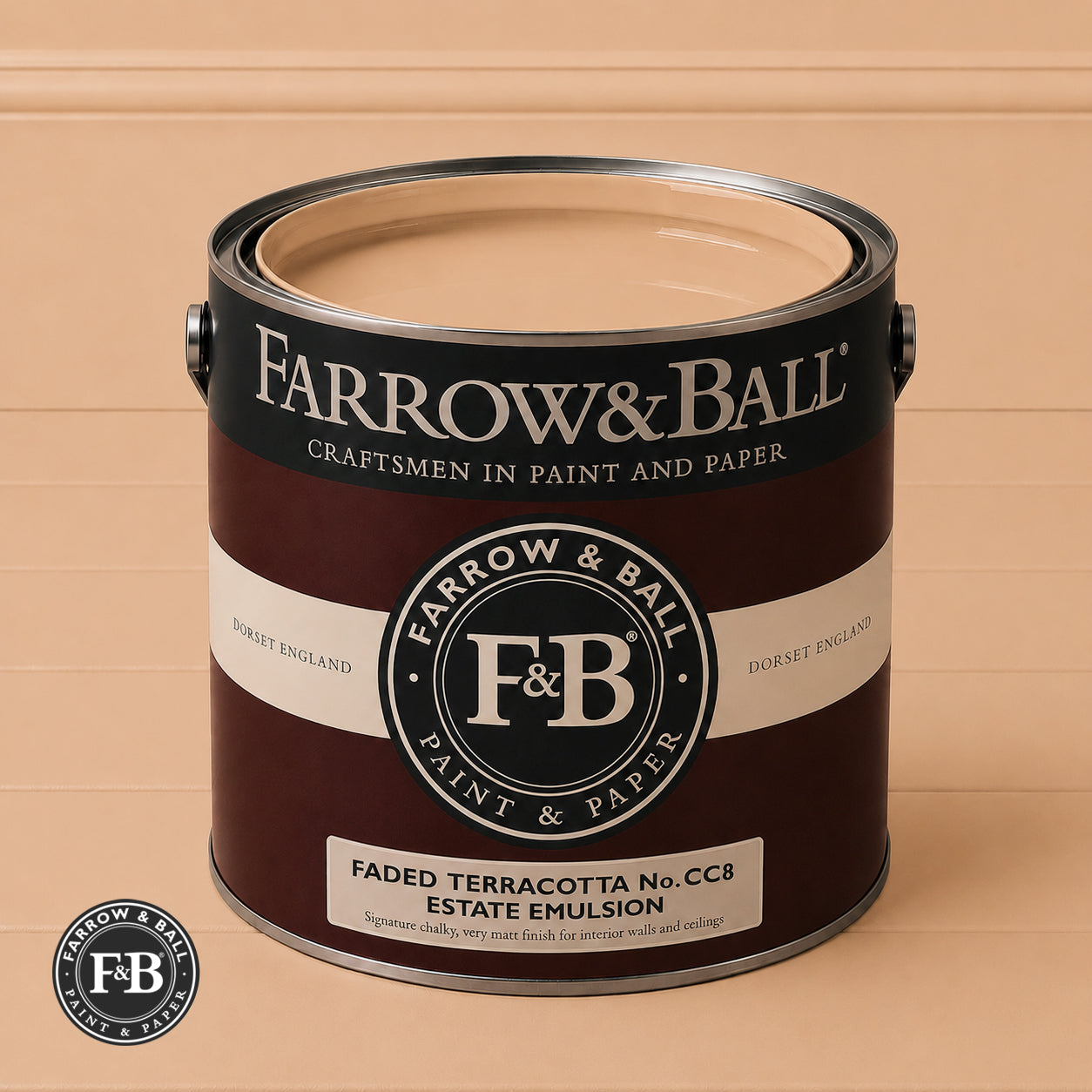 Farrow & Ball Faded Terracotta No.CC8 Estate Emulsion paint colour sample and paint tin
