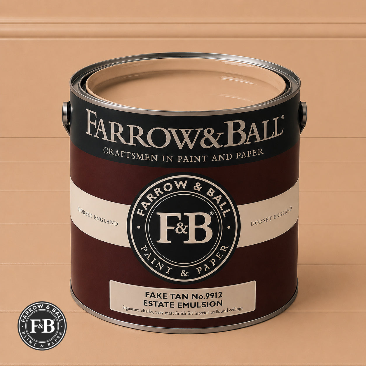 Farrow & Ball Fake Tan No.9912 Estate Emulsion paint colour sample and paint tin
