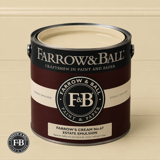 Farrow & Ball Farrow's Cream No.67 paint colour in open paint tin