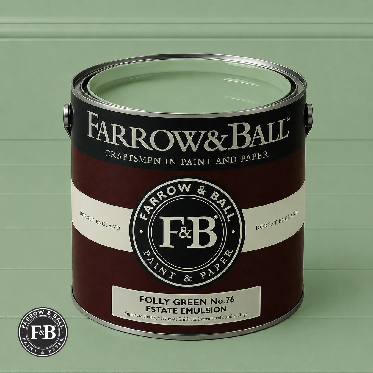 Farrow & Ball Folly Green No.76 Estate Emulsion paint colour sample and paint tin

