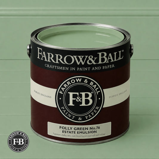 Farrow & Ball Folly Green No.76 Estate Emulsion paint colour sample and paint tin
