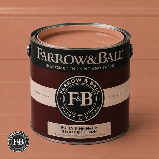Farrow & Ball Folly Pink No.G14 Estate Emulsion paint colour sample and paint tin
