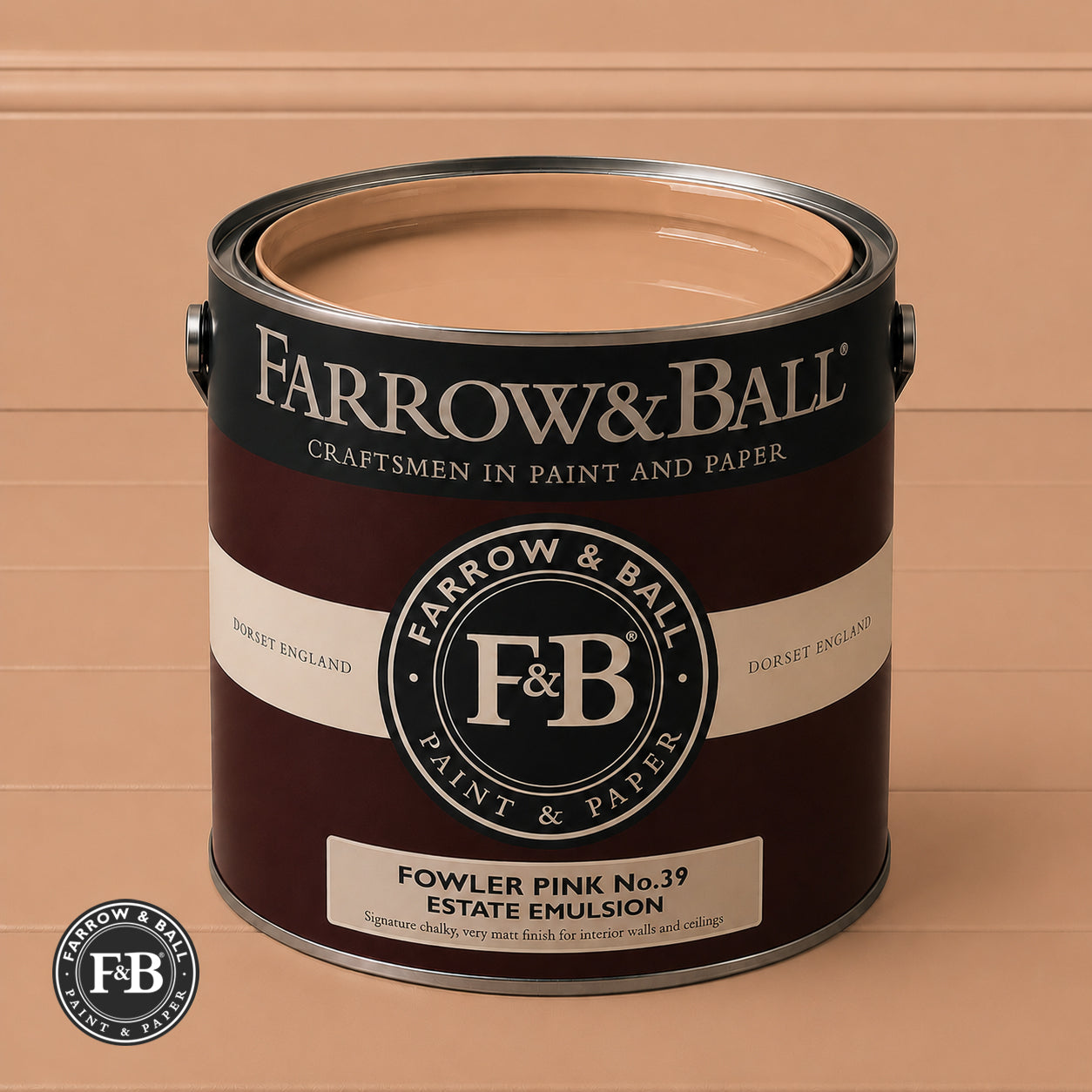 Farrow & Ball Fowler Pink No.39 Estate Emulsion paint colour sample and paint tin
