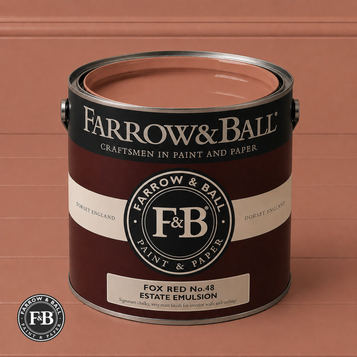 Farrow & Ball Fox Red No.48 Estate Emulsion paint colour sample and paint tin
