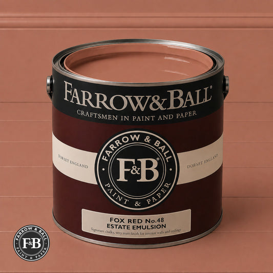 Farrow & Ball Fox Red No.48 Estate Emulsion paint colour sample and paint tin
