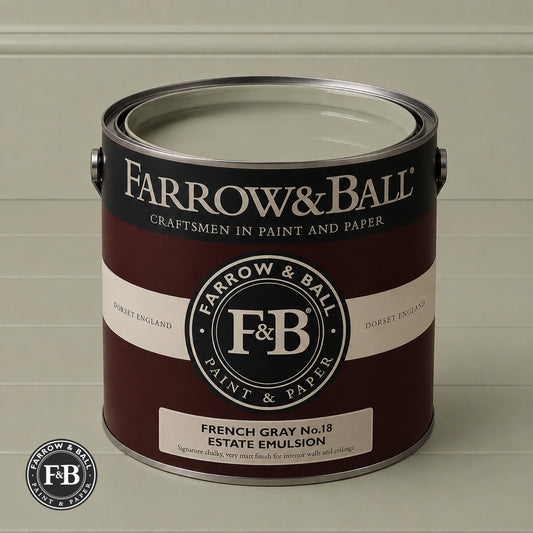 Farrow & Ball French Gray No.18 paint colour in open paint tin