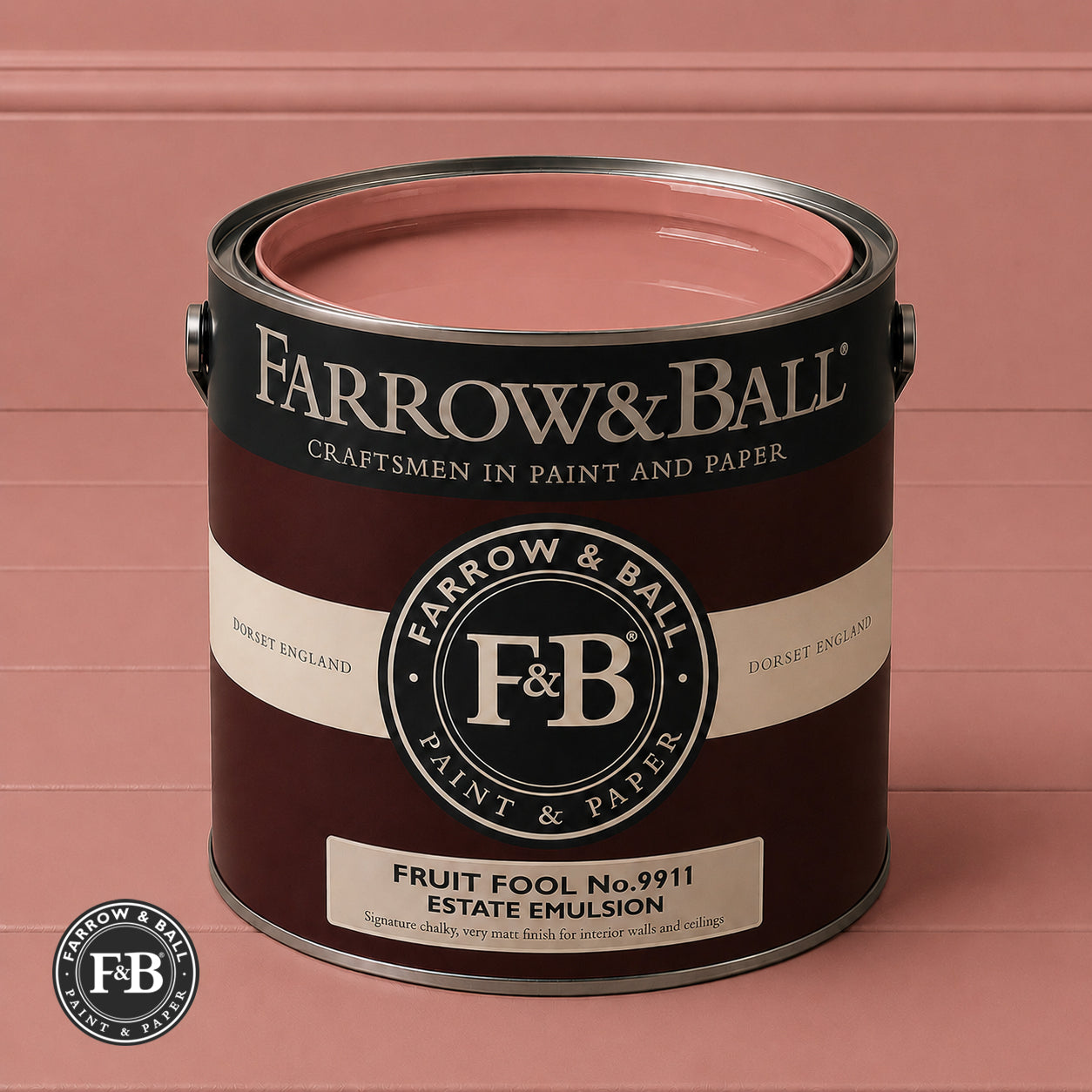 Farrow & Ball Fruit Fool No.9911 Estate Emulsion paint colour sample and paint tin
