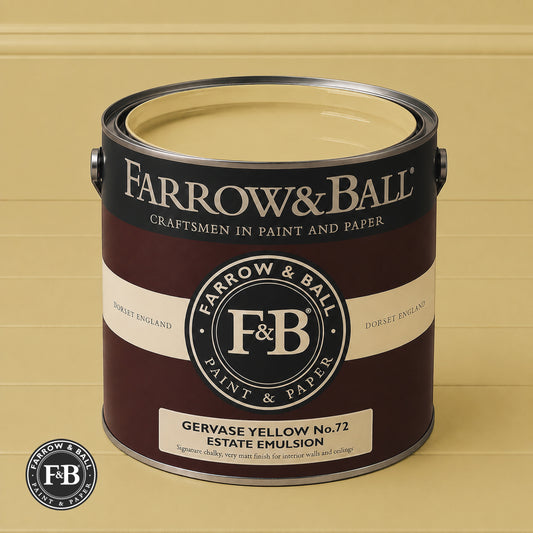 Farrow & Ball Gervase Yellow No.72 Estate Emulsion paint colour sample and paint tin
