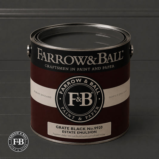 Farrow & Ball Grate Black No.9920 Estate Emulsion paint colour sample and paint tin