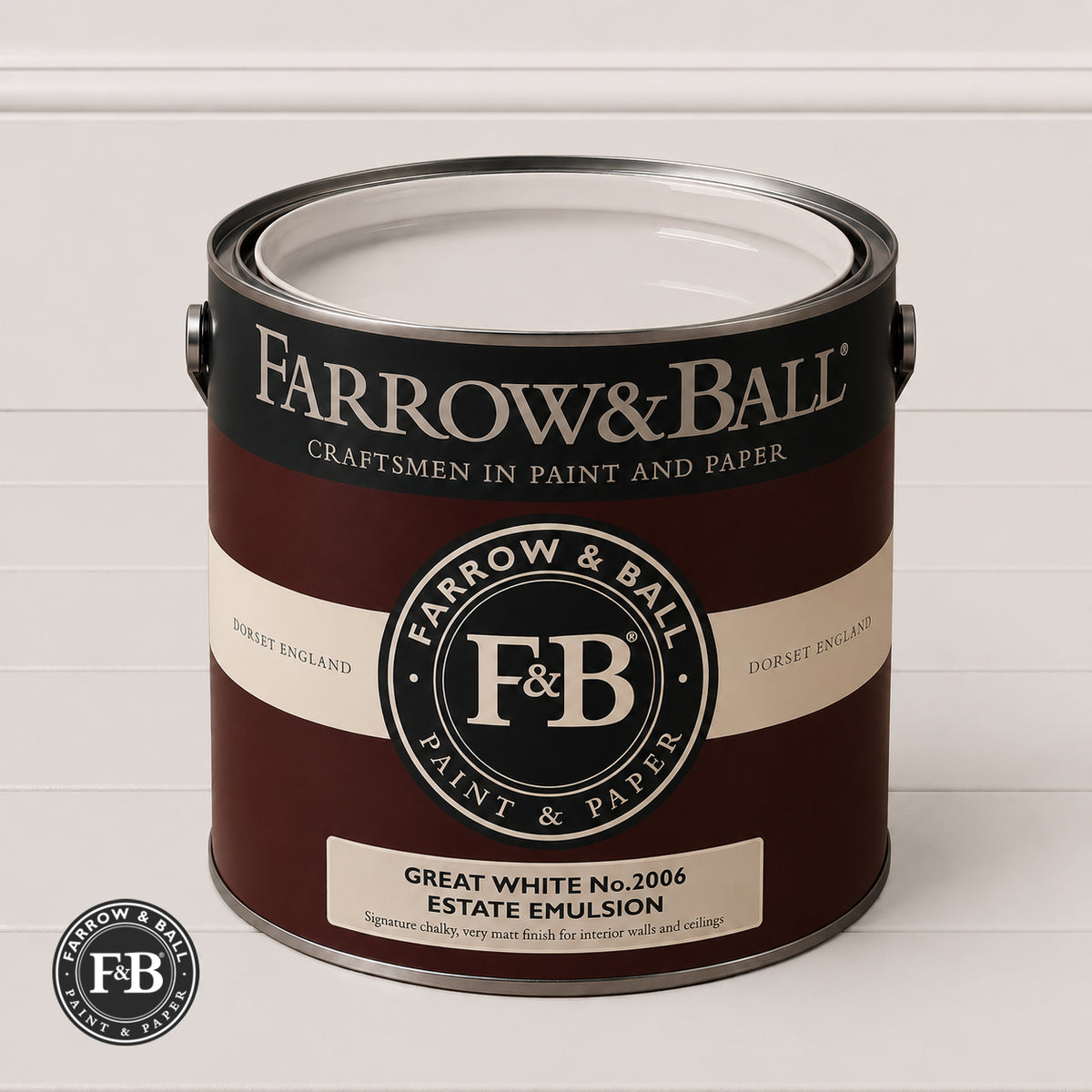 Farrow & Ball Great White No.2006 paint colour in open paint tin