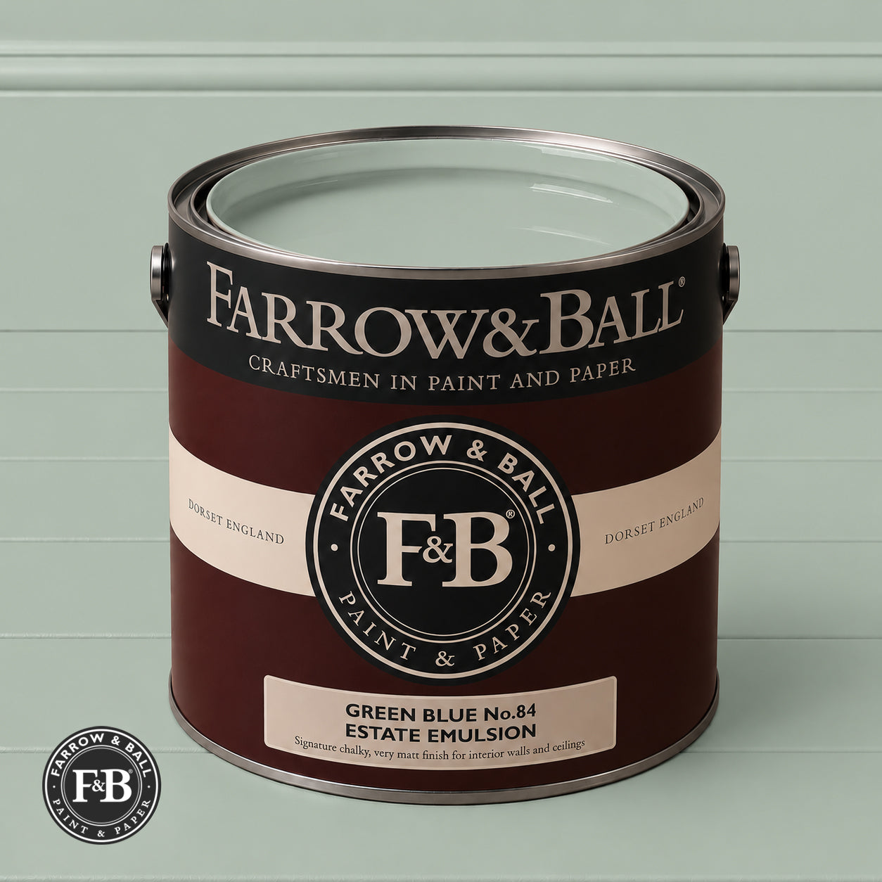 Farrow & Ball Green Blue No.84 paint colour in open paint tin